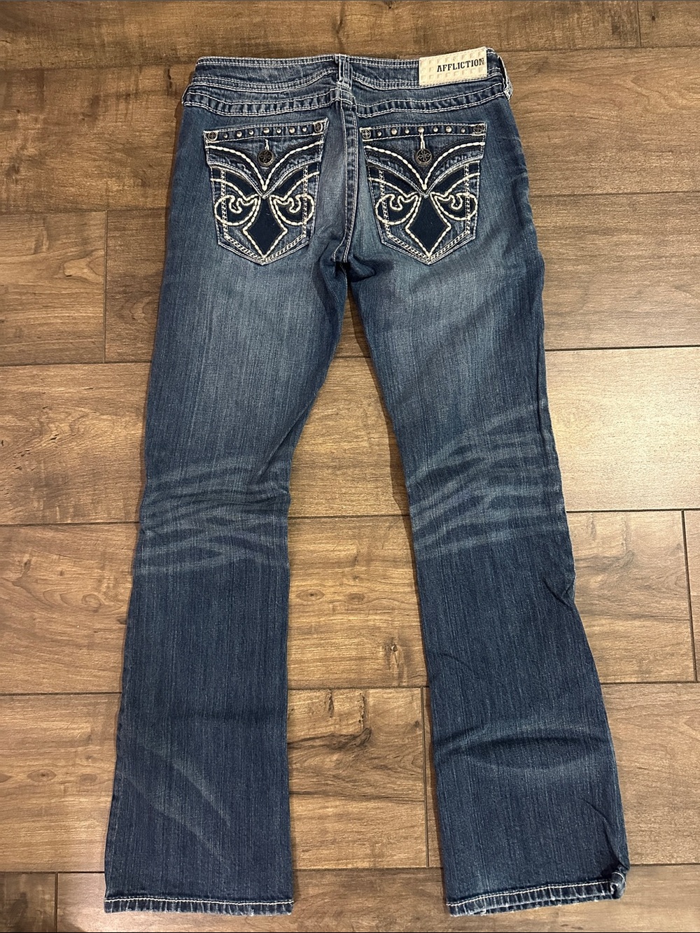 Affliction Women's Blue Embroidered Wide Leg Jeans